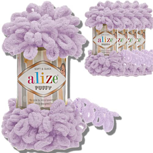 Alize 5x 100g Puffy türkische Wolle Super Bulky Chenillegarn Kuschelweich Babywolle Handstrickgarn zum häkeln weiches Chenille-Garn XXL-Knäuel für Amigurumi (Light Lilac | 27)