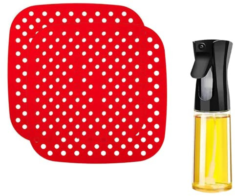 Accesorios Freidora Sin Aceite - Alfombrilla Air Fryer + Spray de Aceite - Rejilla Silicona Freidora de Aire - Cesta Cuadrada - Para Airfryer Cosori Xiaomi Cecotec - 21 cm (2 unidades ROJO)