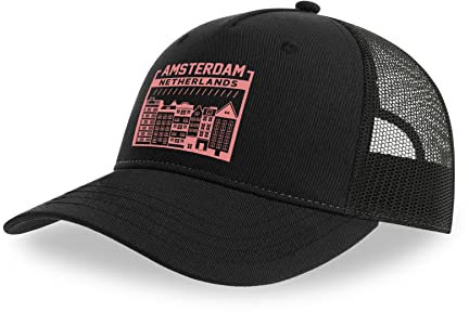 Maikomanija Amsterdam Niederlande Capital Cotton Trucker Cap Curved Visor Netback Hat Atmungsaktives Mesh Sport Top, Schwarz , One size