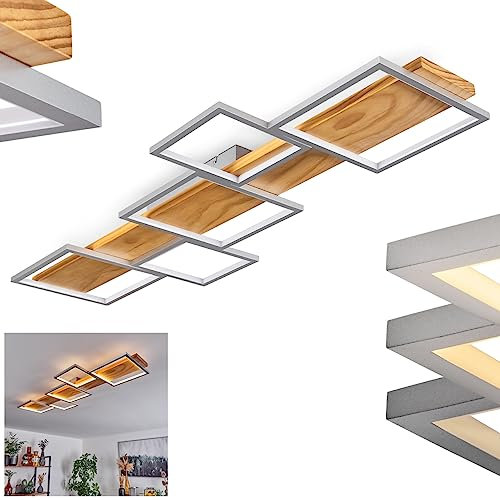 LED Deckenleuchte Pompu, dimmbare Deckenlampe aus Metall/Holz/Kunststoff in Silberfarben/Natur/Weiß, dimmbar über Lichtschalter, 5700 Lumen, 3000 Kelvin, LED 42 Watt