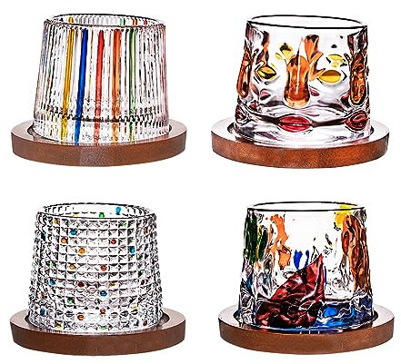 MEET- ORIGIN Lot de 4 verres à whisky colorés peints à la main en cristal avec dessous de verre (177 ml)
