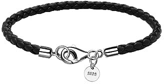 Viwind Lederarmband Herren 925 Sterling Silber Vers chluss 4MM Schwarz Braun 20/21cm Geflochtenes Leder für Herren unisex Schmuck mit Geschenkbox (20cm, Schwarz)