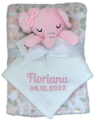 KIDDI-MEDIA Babydecke inklusive Trösterchen mit Name und Geburtsdatum Bestickt/kuschelig weich / 1A Qualität (Rosa Elefant Blumen)