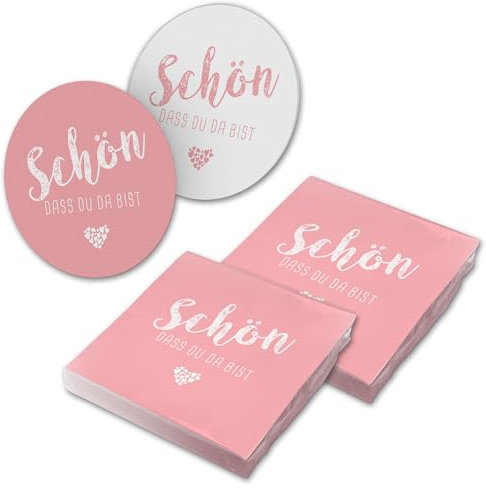 itenga 40x Servietten mit 40x Bierdeckel Schön dass du da bist (rosa)