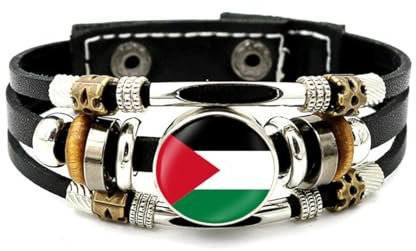 Armband Mit Der Flagge Des Staates Palästina – Glas-Edelstein-Wappen,Mehrschichtiges Pu-Lederarmband,Glasknopf-Schmuck Mit Palästina-Flagge,Verstellbarer Unisex-Patriot-Souvenir-Schmuck,Stil,B