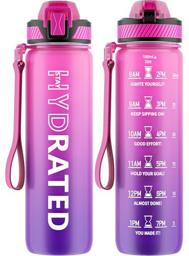 QLUR Gourde, 1L Gourde Sport avec Paille et Graduée, 1 Litre Étanche Bouteille d'Eau avec Brosse, Gourdes Motivation sans BPA pour Fitness, Bureau, l'école, Yoga