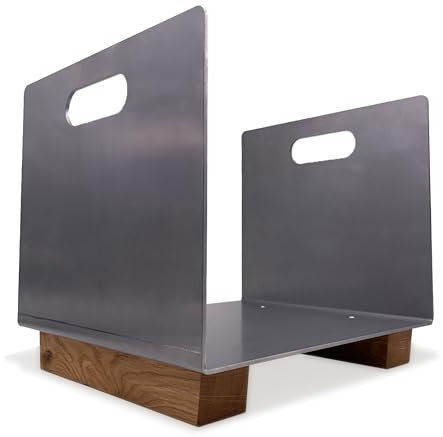 ZUSCHNITTPROFI.DE Design Kaminholz Aufbewahrung aus Schwarzstahl (40 x 34 x 30 cm) – handgefertigter Kaminholzkorb mit Griffen und Holz-Standfüßen – Metallkorb für den Innenbereich