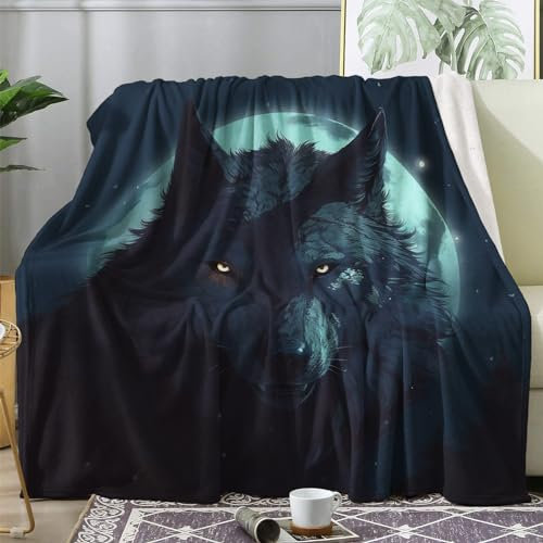 Kuscheldecke Flauschig Wölfe, Große Decke Fleecedecke 230x270 Mond, Flanell Sofadecke Blanket, Wohndecke Schlafdecke Winter Warm Weich, Deko Decken für Couch Bed