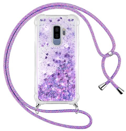 Vauki Handykette für Samsung Galaxy S9 Plus Hülle mit Band, Silikon Durchsichtig Transparent Flüssig Glitzer mit Kette Kordel Treibsand Necklace TPU Schutzhülle Case für Samsung S9+, Lila
