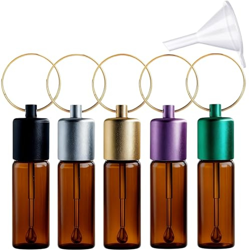 OiwMuOck Vial with Spoon | 5 Pack Brown Glass Container, Telescopic Spoon & Multi-Color Caps | Leak-Proof for Snuff, Spices & Powder Storage | Airtight Portable Jar Kit