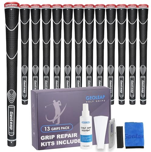 Geoleap Standard Rubber Golf Grips Set of 13 - Includes 15 Tapes, Solvent, Clamp, Hook Blade & Towel