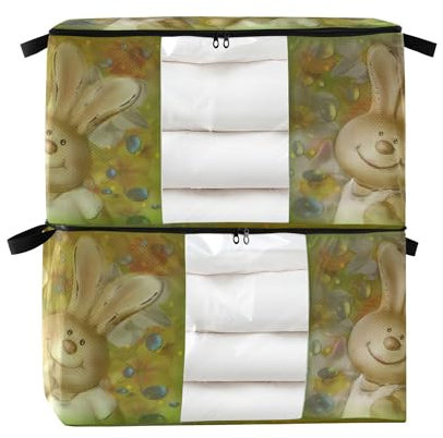 Aufbewahrungsbehälter unter dem Bett, stapelbare Taschen für Schrank, faltbare Kleiderbehälter mit Deckel, Aufbewahrungstaschen mit Reißverschluss, S, Retro-Osterhase, 2 Stück