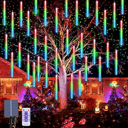 OPAHUTER Solar Meteorschauer Regen Lichter, 240 LEDs Meteor Weihnachtslichter, 10 Röhren 30cm Wasserdichte Solar Fallende Weihnachtsbeleuchtung Fernbedienung für Xmas Baum Hochzeit Dekoration