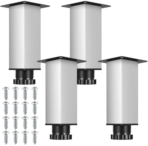 4 Pcs Adjustable Cabinet Legs, Stainless Steel Furniture Feet 0-15mm Height Adjustable for Desk, Sofa, Cupboard, Table, Bed - Silver/38x120mm