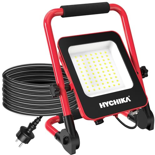 HYCHIKA Projecteur LED Chantier 50W - Éclairage de Chantier Puissant et Étanche IP65,Lumière Blanche 6500K, 5500 Lumens avec Prise Schuko et Cordon de 3M - Idéal pour Travaux Intérieurs et Extérieurs