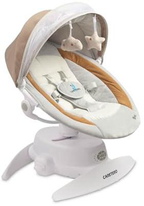 CARETERO - Babywippe Elektrisch Opti - Baby Schaukel Elektronisch mit DREI Funktionsmodi - 360 Grad - Moskitonetz - Intuitives Bedienfeld - 360 Grad Drehung - Einstellung Liegeposition - Braun