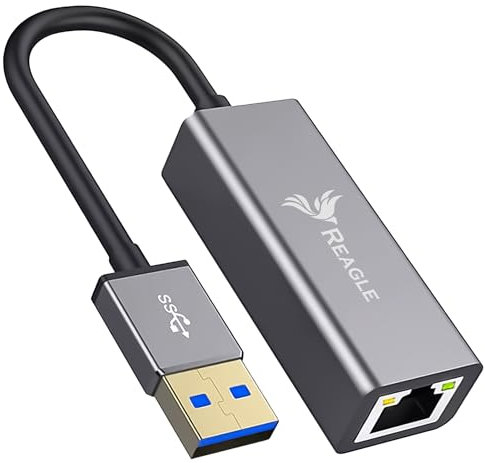 Reagle USB-A to Ethernet Adapter, Gigabit Network Adapter, SuperSpeed USB 3.2 Gen 1, 1000 Mb/s, Plug & Play, Aluminium Housing, LED Indicators, Compatible with Windows/Mac/Linux, 13 cm Cable