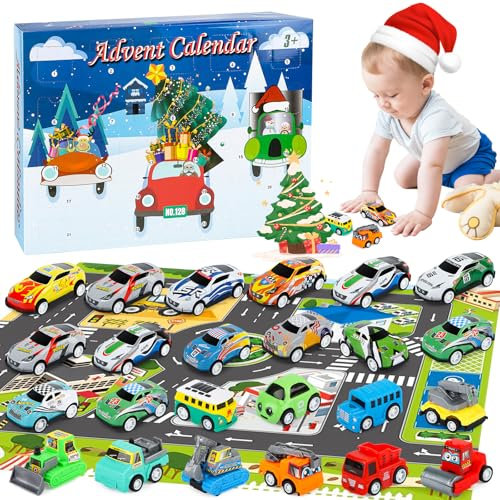 Adventskalender Kinder 2024 Autos Spielzeug Adventskalender ab 3 Jahre Junge, Weihnachten 24 Tage Countdown Kalender Auto Spielzeug mit Landkarte