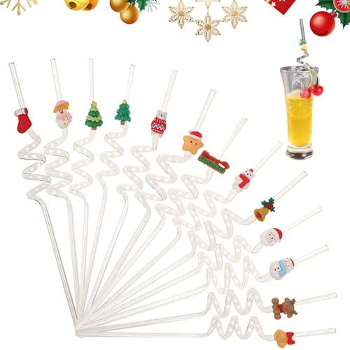 CutitiUU 13 PCS Christmas Creative Cartoon Plastic Straws, Reusable Transparent Straws With Random Patterns