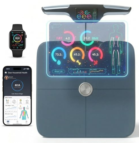 Digitale Premium-Körperwaage – 8 Elektroden – 56+ Metriken – wiederaufladbar – WLAN & Bluetooth – Ganzkörperanalyse – verfolgt Körperfett, Muskelmasse, Fettanteil, schlankes Design