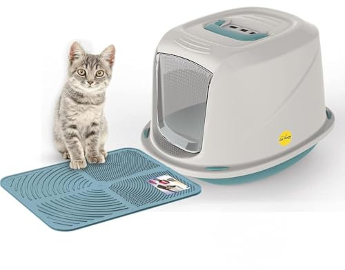 Cat Centre Katzenklo Mit Deckel Katzentoilette Mit Abdeckung Klapptür Mit Blauer Katzenstreu Matte Blau M 45 x 36 x 32 cm