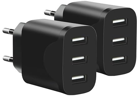 2 Pezzi Caricatore USB, Adattatore di Caricabatterie USB a 3 porte per iPhone 16 15 14 13 12 11 Pro Max SE XS XR 8 Plus SE, iPad (Nero)