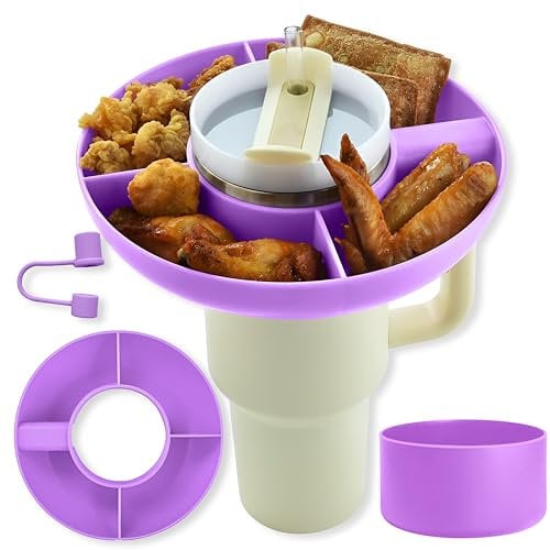 Snack Tray for Stanley Cup 40oz | 4 Silicon Compartments Tray Stanleys Accessories kit, Bottom Grip & Straw Cover Caps, Fits 40 oz Quencher H2.0 Cup - Stanley Compatible Snack Bowl (Purple)