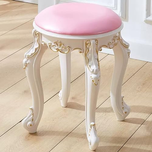 Sgabello da toilette rosa vintage con seduta imbottita e gambe in plastica dorata in acciaio per guardaroba/camera da letto