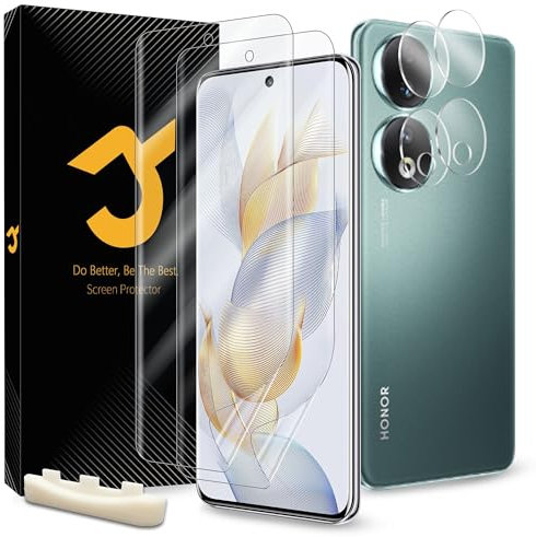 JZG 4 protectores de pantalla para Honor 90, 2 películas flexibles EPU, 2 piezas de cristal templado para cámara Honor 90, autocuración, compatible con ID de huellas dactilares, HD claro