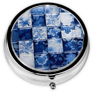 Pillendose 3 Fächer mit Spiegel Blau Weiß Porzellan Block Tablettenbox Klein Pillendose Organizer für Geldbörse & Tasche Vitamin Organizer