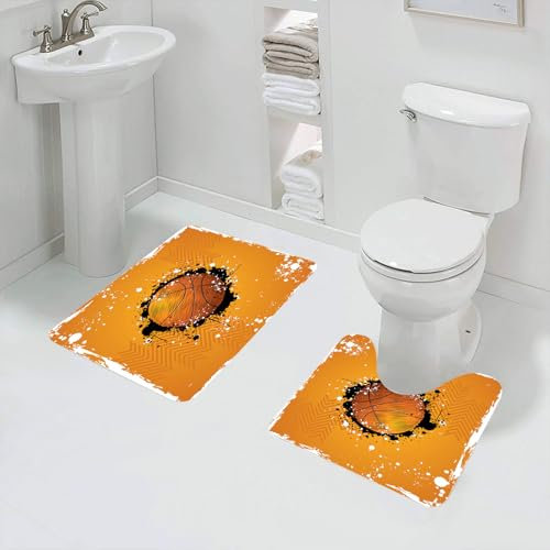 QRFASFZO Badezimmerteppich - Kit 2 Teile,Dynamische Basketball-Illustration und Spritzeffekt, Stilbild des Basketballs,absorbierbares waschbares Badezimmerteppich für Badewannen,Toiletten und Böden