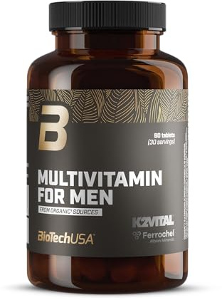 BioTechUSA Multivitamin For Men from organic sources | 13 typer av bioaktiva vitaminer | 5 typer av organiska mineraler | 4 växtextrakt för män, 60 tabletter | 13 typer av bioaktiva vitaminer | Organiska mineraler, växtextrakt | K2VITAL® och Ferrochel® | Vegan | 60 tabletter