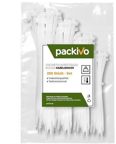 200 Stück Kabelbinder Weiss Set -100/150/200/300 mm - jeweils 50 Stück, Sortiment Nylon Verschiedene Größen Super Haltbar Kabelbinder für Kabelmanagement,Gartenarbeit,Wohnen,Werkstätten, Auto