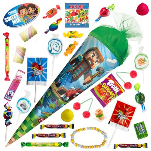 OYOY 35cm Schultüte gefüllt mit Süßigkeiten Mix I ROTH Schultüte Block Game I kleine Schultüte fertig gefüllt I Geschwister Schultüte I Kindergartentüte