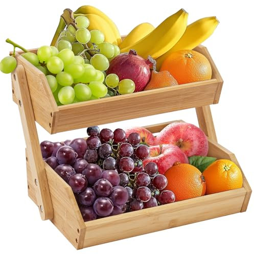 Fruit Rack 2 Tier Bamboo Fruit Basket for Kitchen Vegetable Rack Basket Holder for Countertop Wooden Bread Storage Stand for Fruits Veggies Bread Snacks in Home Kitchen Office