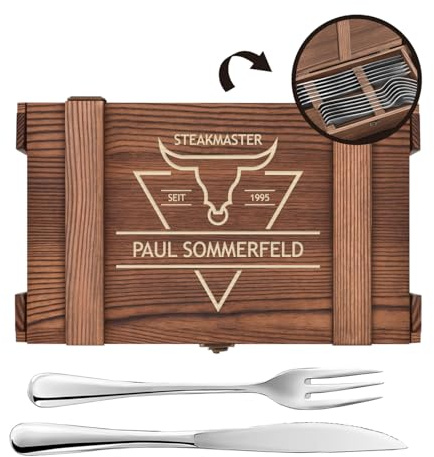 Maverton Steakbesteck 12-teilig, Besteck Set für 6 Personen | 6 Steakmesser und 6 Steakgabel, Edelstahl Grillbesteck in Holzkiste, personalisierte Geschenke für Männer