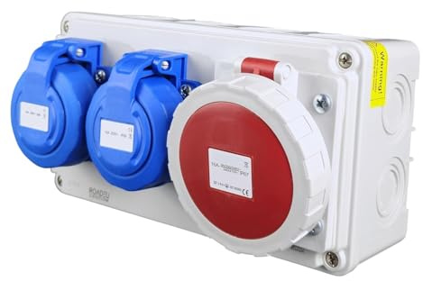 RoadEu – Steckdosenverteiler 2x Schuko 230V + CEE 16A 5-polig, Stromverteiler IP67 Wasserdicht, Außensteckdose mit Abdeckung, Baustromverteiler für Indoor/Outdoor