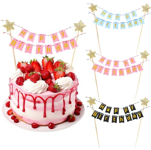 LIQWEI 3 Stück Wimpelketten Happy Birthday Tortenstecker Set, Cake Topper Banner Happy Birthday Cake Topper HappyBirthday Tortendeko Für Kuchen Cupcakes Partyzubehör