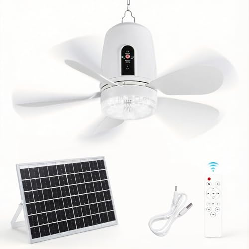 KZT Solar Deckenventilator mit Beleuchtung 10000 mAh Camping Ventilator licht mit Akku Tragbarer Campinglampe mit Ventilator, Fernbedienung, USB, Timer, mit Solarpanel, fur AuBenbereich Zelt Terrasse