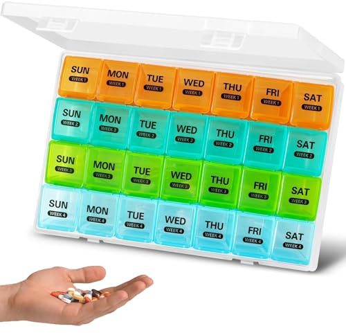 28-Day Monthly Pill Organiser with 4 Removable Weekly Trays - Large Compartments, Lockable & Dust-Proof Medicine Box, BPA-Free Portable Tablet Case (Colourful)