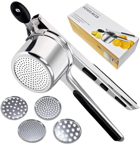 Potatispress, rostfritt stål, spätzlepress med 4 utbytbara spätzlesilar i olika porstorlekar och silikonhandtag, potato Ricer för potatismos, spaghetti, fruktjuicer, spätzle, diskmaskinssäker
