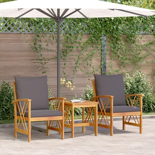 JHQHSM 3-TLG. Garten-Lounge-Set mit Kissen aus Massivholz Akazie, 2 Armlehnsessel und quadratischer Tisch in Braun für Außenbereich, rustikales Design, langlebiges Teakholz,