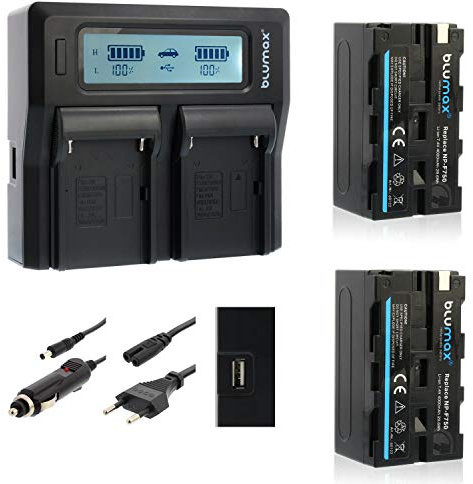 Blumax 2X Akku ersetzt Sony NP-F750 4000mAh + Doppel Dual Ladegerät | kompatibel mit Sony NPF750 NP-F550 NP-F970 NP-F990 || 2 Akkus Laden für Blitzgeräte Videoleuchten Fieldmonitore
