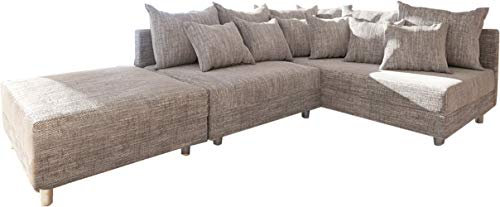 DELIFE Eckcouch Clovis Hellgrau Strukturstoff mit Hocker Ottomane Rechts Ecksofa