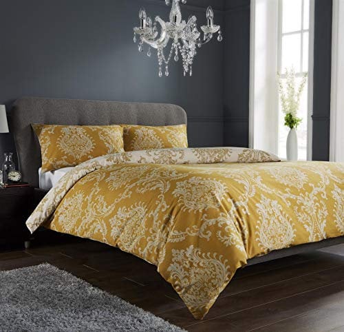 Olivia Rocco Royal Damask Duvet Cover Set Easy Care Quilt Covers With Pillowcases Cotton Rich Reversible Bedding Bed Linen Sets (King, Gold)