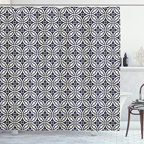 ABAKUHAUS Floral Duschvorhang, japanische Mandala, Stoffliches Gewebe Badezimmerdekorationsset mit Haken, 175 x 180 cm, Dark Blue Creme