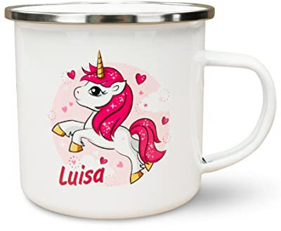 Werbetreff Gera Emaille-Tasse mit Name & Motiv Einhorn - Bedruckt & Personalisiert - Geschenk-Idee für Mädchen - Vintage-Look - Retro-Optik
