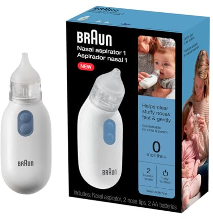 Braun Electric Nasal Aspirator - Mucus Remover, Blocked Nose Relief for Newborn, Baby and Toddler, Electric Suction Power, 2 Suction Levels, 2 Nose Tip Sizes, Dishwasher Safe, FSA and HSA Eligible
