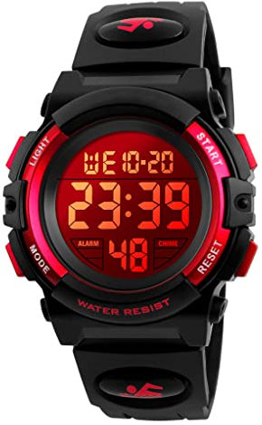 Dayllon Digitaluhr Kinder Uhren für Jungen Armbanduhr Kinder Outdoor Sport 50M Wasserdicht Elektronische 12/24 H Wecker Stoppuhr/Kalender/LED-Licht/Datum Junge Mädchen Black Red X(8-15 Year Old)