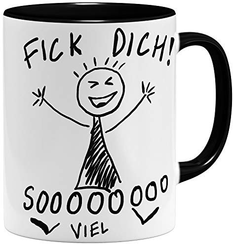 OM3® lustige Fick Dich So Viel Kaffee-Tasse mit Spruch - Guten Morgen Statement - Keramik Becher - 325ml - Beidseitig Bedruckt - Schwarz